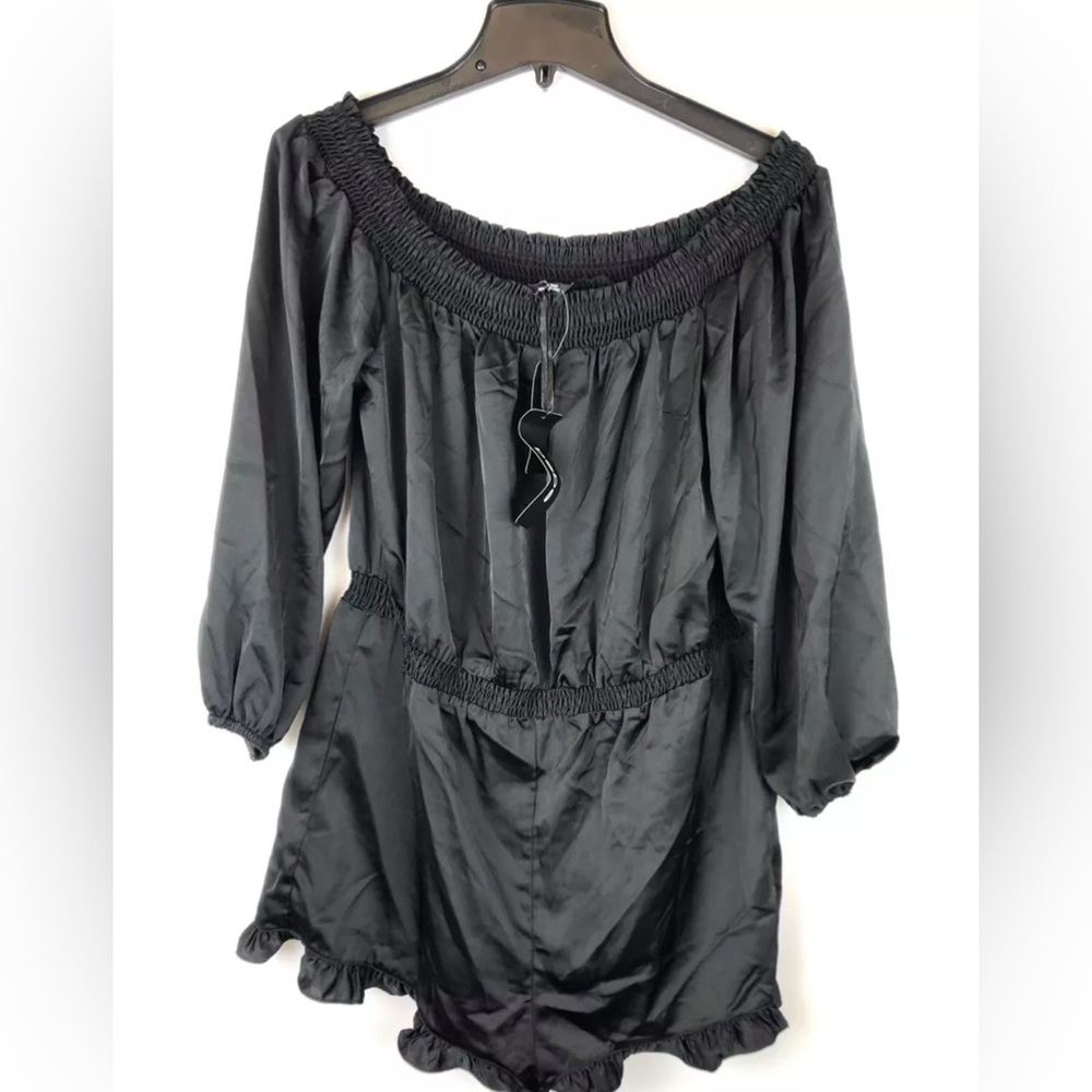 Bebe, Women’s Off The Shoulder Black Ruffle Romper, Size Large